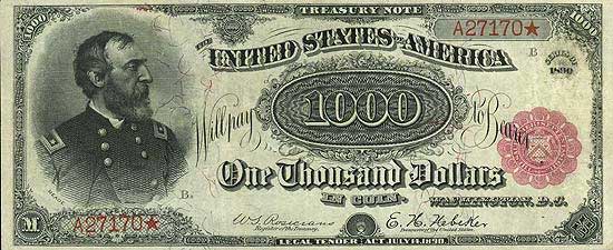 one-thousand-dollar Treasury Note, also called Coin notes, features image of General Meade